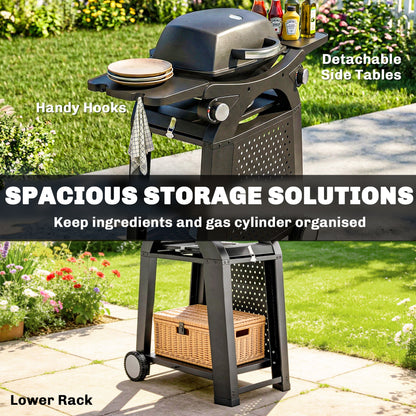 2 Burner Gas Grill with 2 Side Tables, 3.8 KW Barbecue Grill with Cast Iron Grates, 2-in-1 Tabletop BBQ with Wheels