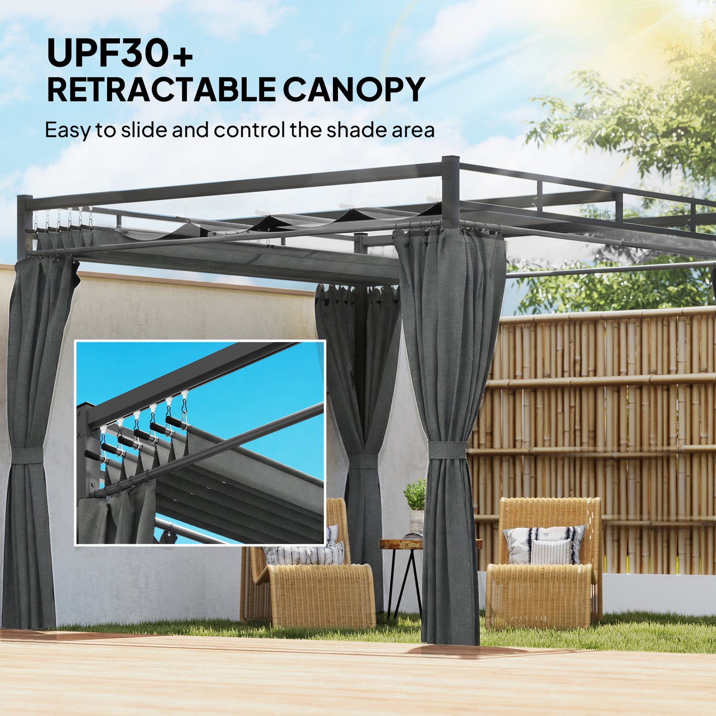 3 x 3 m Pergola with Retractable Roof Canopy and Curtains, UPF30+ Metal Frame Garden Pergola Gazebo Sun Shade, Dark Grey