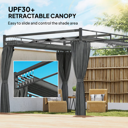 3 x 3 m Pergola with Retractable Roof Canopy and Curtains, UPF30+ Metal Frame Garden Pergola Gazebo Sun Shade, Dark Grey