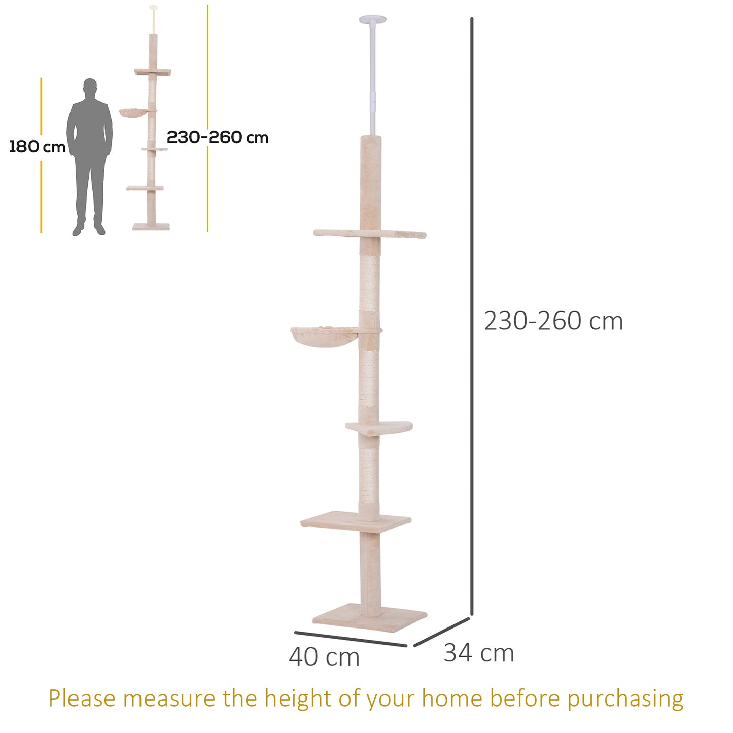 Floor to Ceiling Cat Tree 230-260cm Height Adjustable, 5-Tier Cat Tower with Scratching Posts, Hammock, Perches