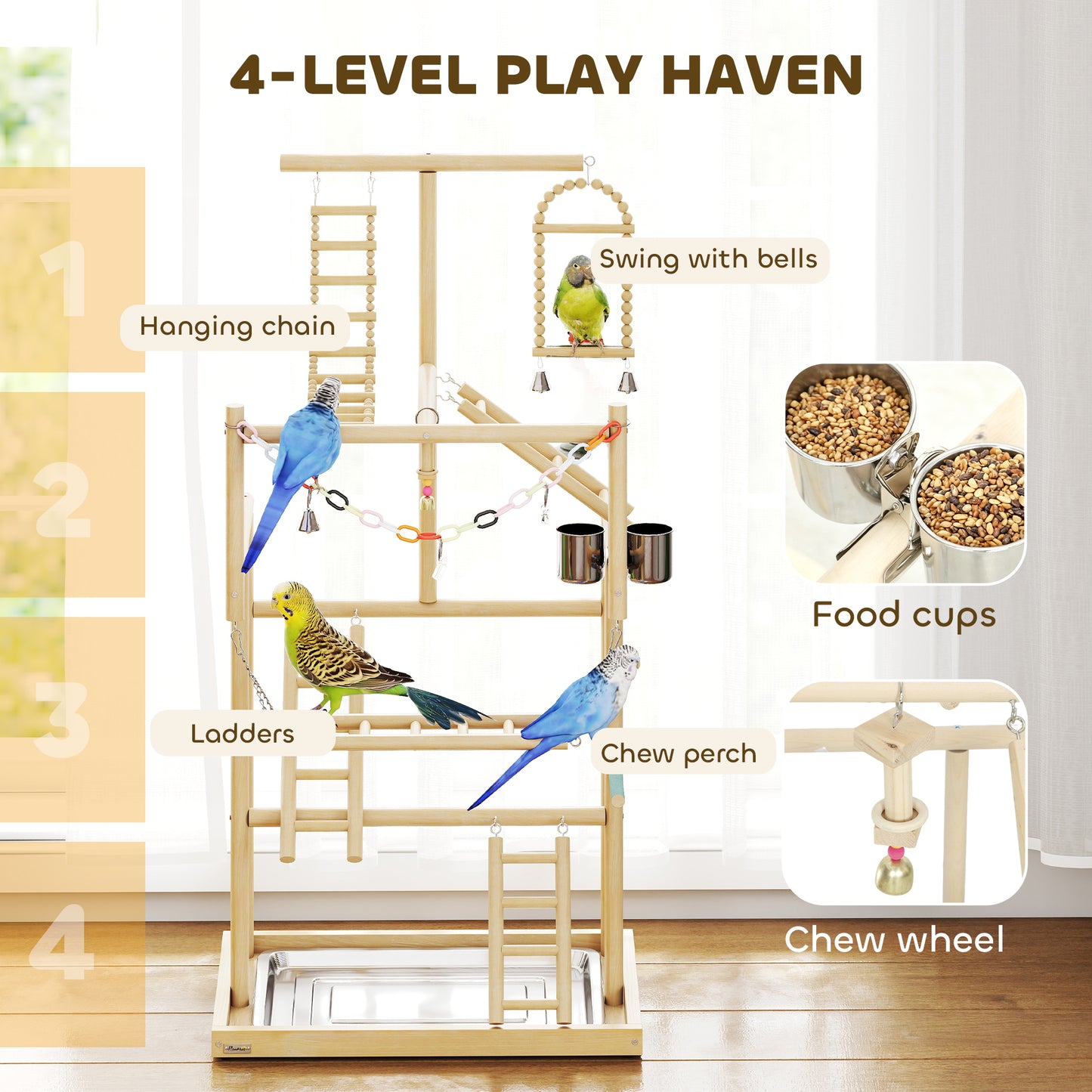 95 cm Wooden Bird Playground with Ladders, Chain Toy, Stainless Steel Cups and Tray, Bird Cage Accessories, Natural