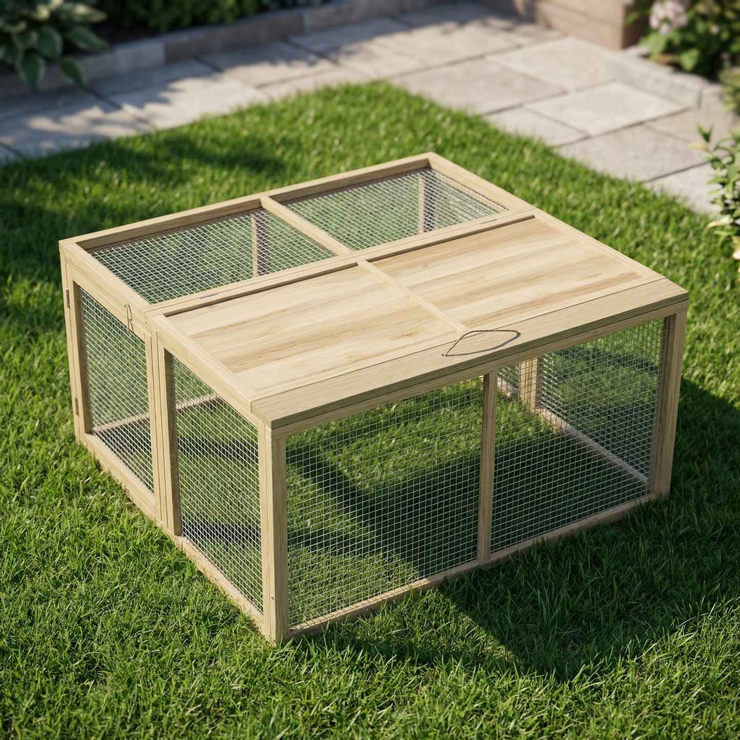 Wooden Folding Rabbit Hutch, for 2-3 Rabbits - Natural Wood