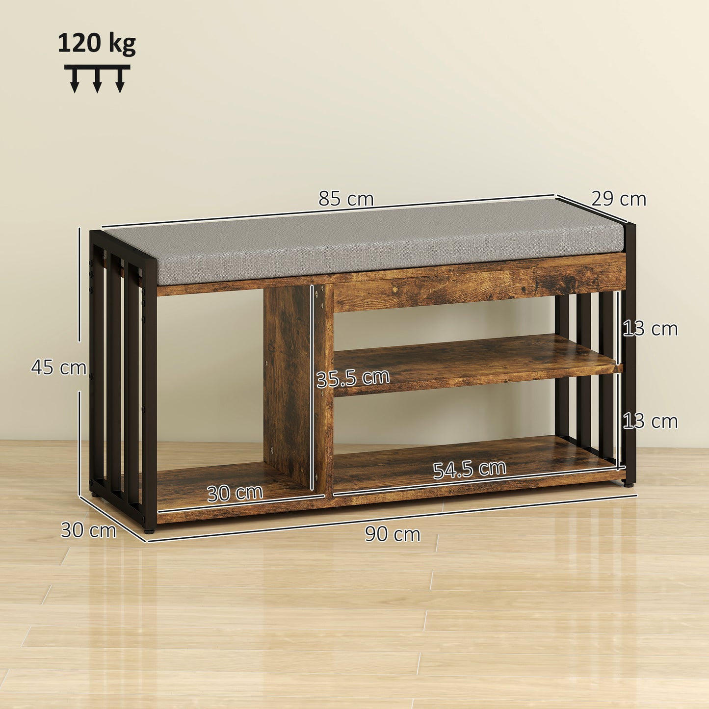 Shoe Storage with Seat, Upholstered Entryway Bench, Shoe Bench with 3 Open Shelves for Hallway, Rustic Brown