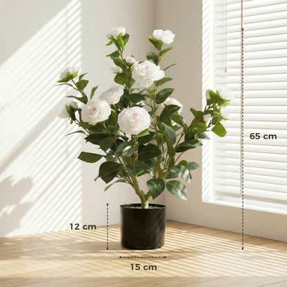65cm Artificial Camellia Flower Plant in Pot with 116 Lush Leaves & Moss Effect, White