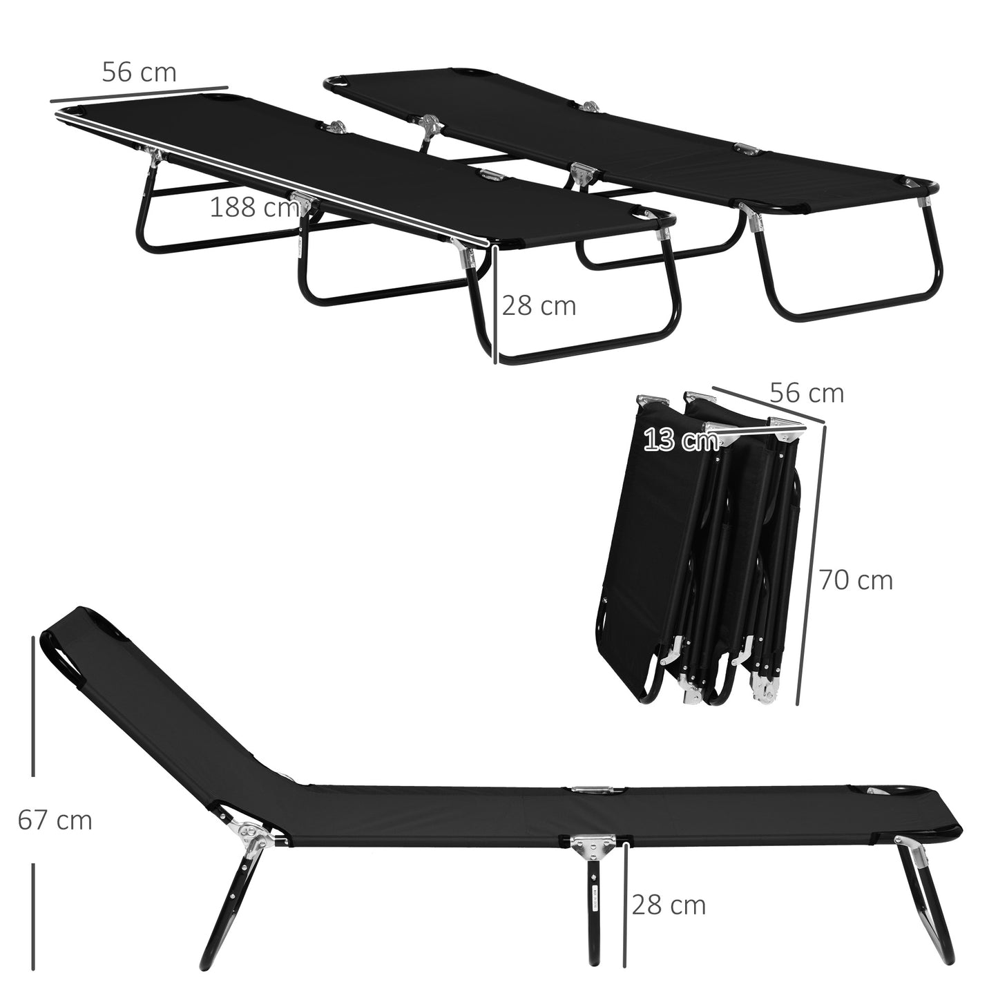 Set of Two Metal Frame Folding Sun Loungers - Black