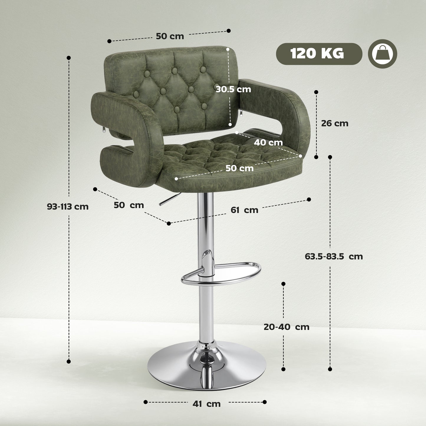 PU Leather Upholstered Swivel Bar Stool, Height Adjustable with Back, Armrest, Footrest, Green
