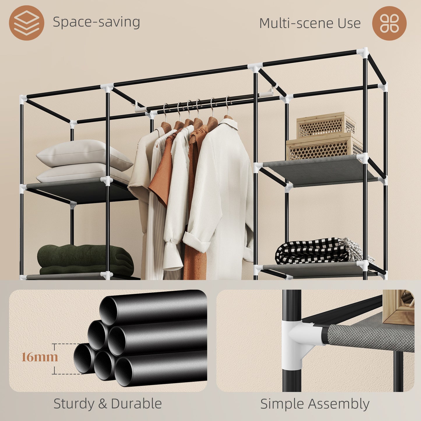 Clothes Storage Organiser with Hanging Rail, Shelves, Portable Wardrobe, Foldable Fabric Wardrobe, Dark Grey