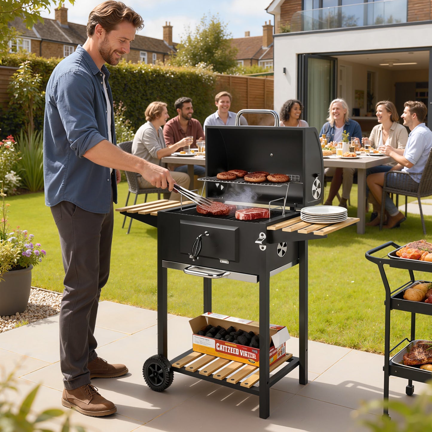 Charcoal BBQ Grill with Adjustable Charcoal Pan, Barbecue Smoker with Warming Rack, Black