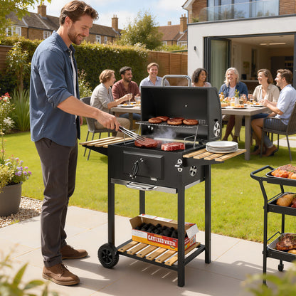 Charcoal BBQ Grill with Adjustable Charcoal Pan, Barbecue Smoker with Warming Rack, Black