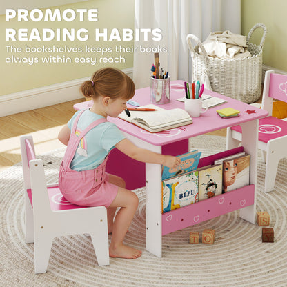 3 Pieces Kids Table and Chair Set, Toddler Activity Table with Bookshelves, for Living Room, Nursery, Playroom, Pink