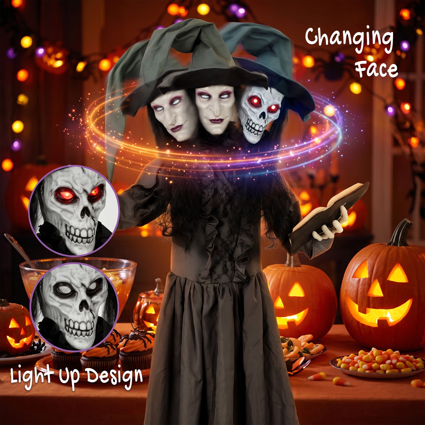 180cm Life Size Animated Witch Halloween Decorations Outdoor Indoor, Scary Halloween Animatronics Decor