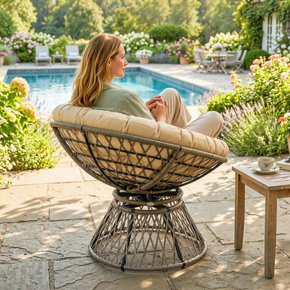 360° Swivel Rattan Moon Bowl Chair Round Lounge Garden Wicker Basket Seat with Padded Cushion Oversized for Outdoor Indoor