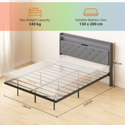 Floating Bed Frame, Upholstered 5ft King Size Bed, Platform Bed with RGB LED Lights and Charging Station, Grey
