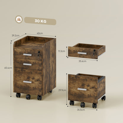 3 Drawer Filing Cabinet with Lock, Rolling File Cabinet with Edged Top for Letter, A4 Size, Hanging File Folders