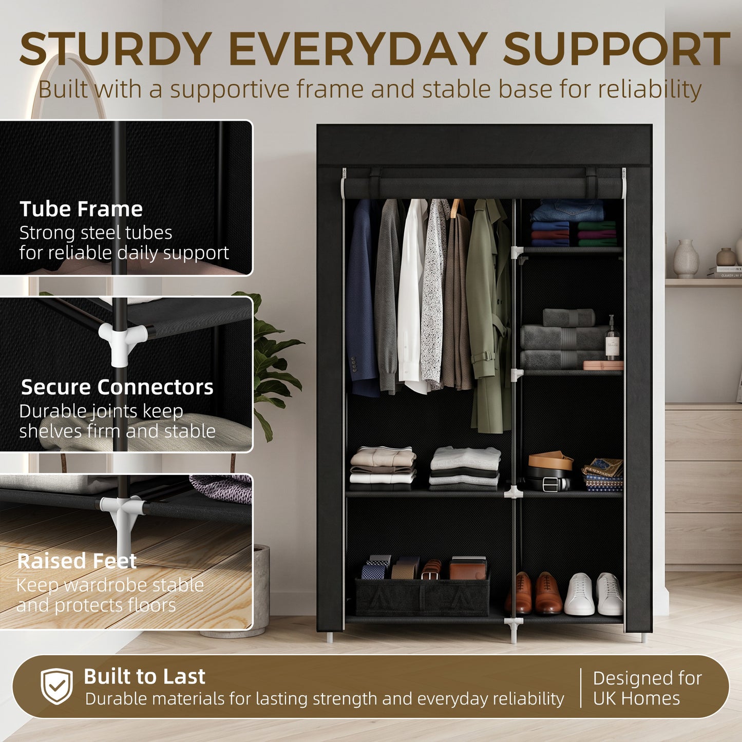 Fabric Wardrobe w/ Shelves Hanging Rail Foldable Wardrobe Black