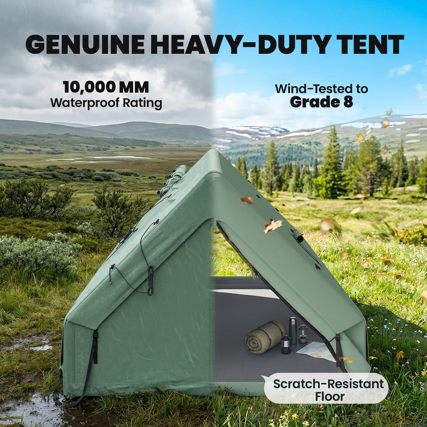 Inflatable Camping Tent, 4 Season Hot Tent 10000mm Waterproof with Chimney Opening, Sky Light and Air Pump, Green