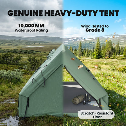 Inflatable Camping Tent, 4 Season Hot Tent 10000mm Waterproof with Chimney Opening, Sky Light and Air Pump, Green