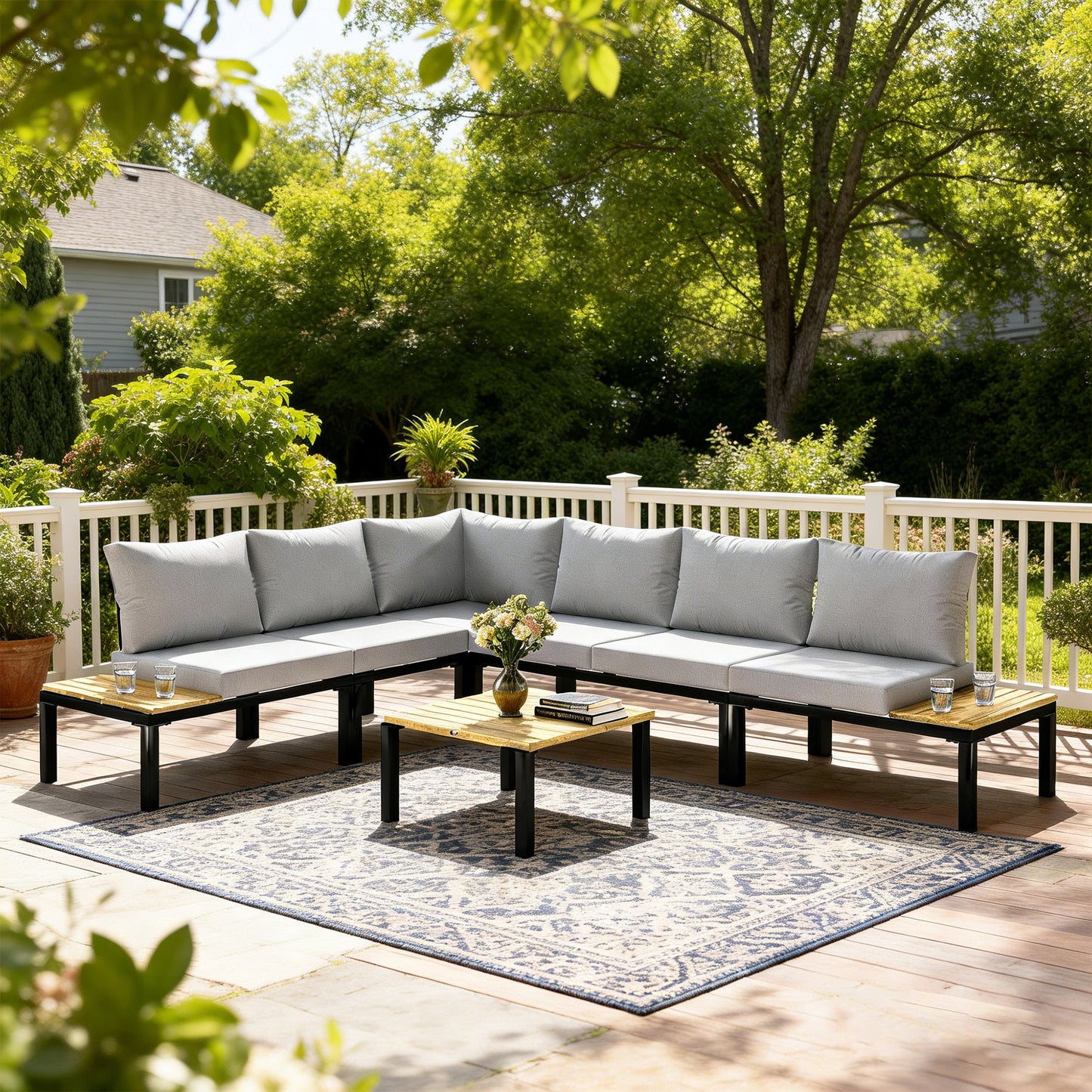 Garden Furniture Set, 6 Piece Corner Sofa Set with Loveseat, Coffee Table, Sofa with Integrated Side Table