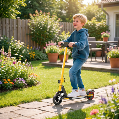 Folding Electric Scooter for Kids, with Dual Brakes, Front Suspension, LED Colourful Lights, Gold Tone