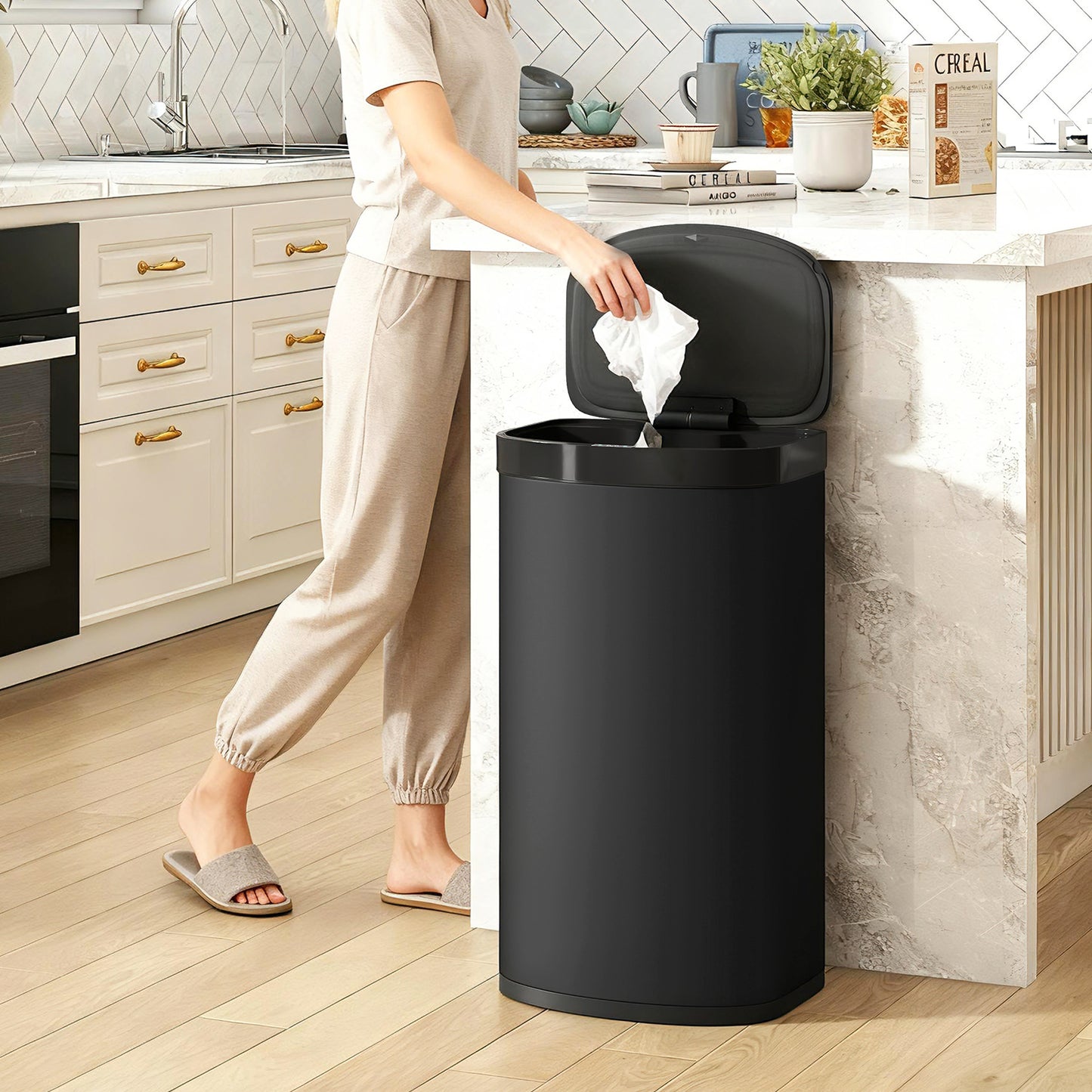 55L Sensor Bin with Soft-Close Lid, Automatic Touchless Motion Sensor Kitchen Bin with Fingerprint Resistant Stainless Steel