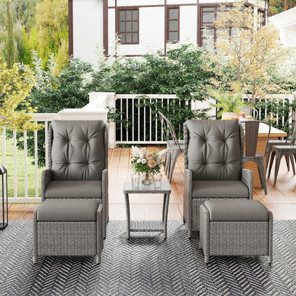 5 Pieces Rattan Bistro Set with Adjustable Back, Reclining Wicker Balcony Furniture with Cushions
