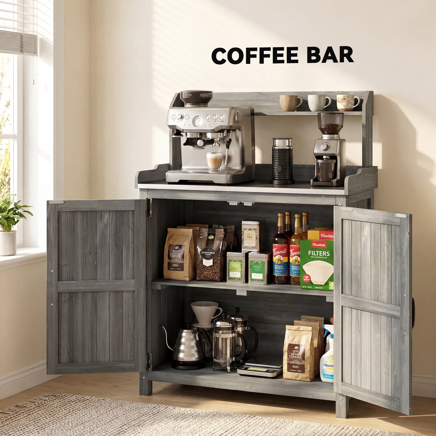Wooden Potting Bench Table with Aluminium Worktop, Outdoor Garden Workbench with Top Shelf and Cabinet Storage