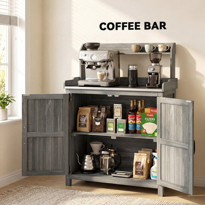 Wooden Potting Bench Table with Aluminium Worktop, Outdoor Garden Workbench with Top Shelf and Cabinet Storage