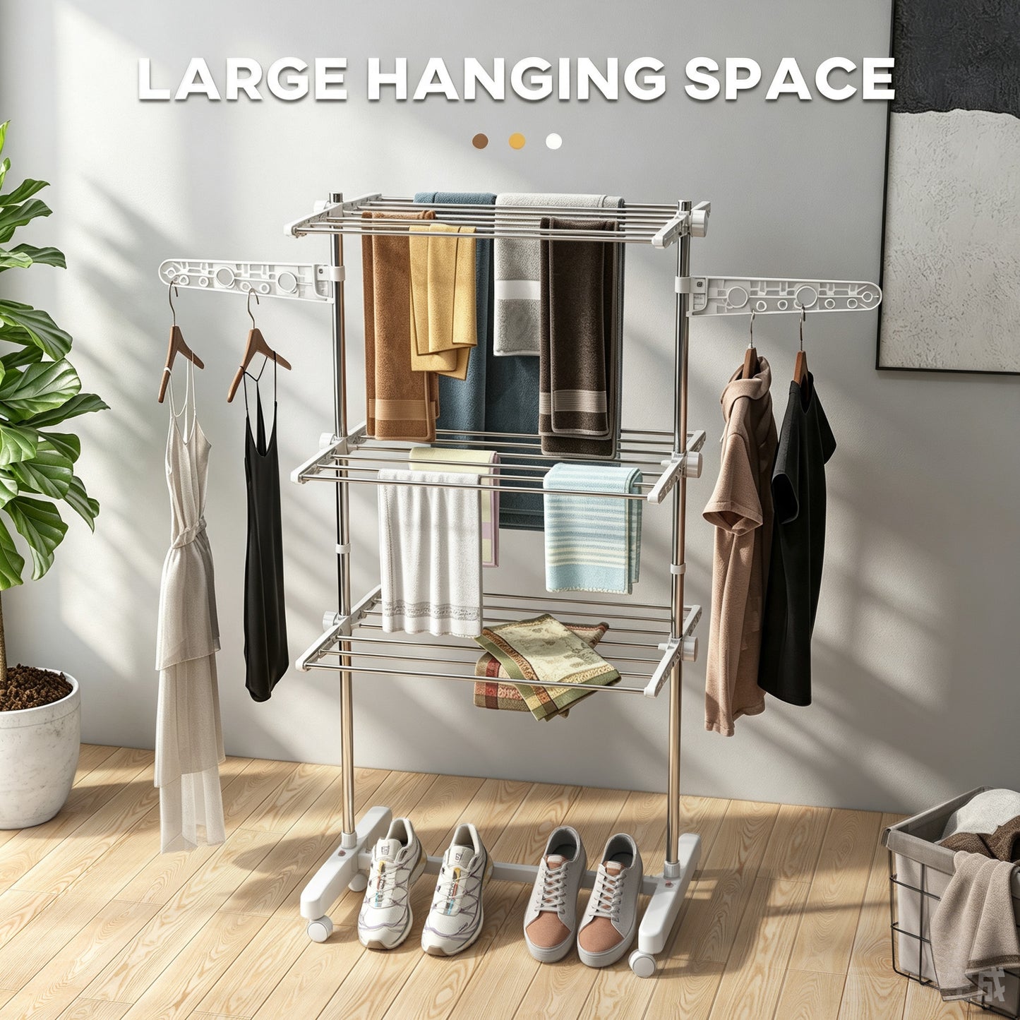 3-Tier Clothes Airer, Stainless Steel Foldable Clothes Drying Rack with Wheels and Wings, Indoor and Outdoor, Easy Assembly