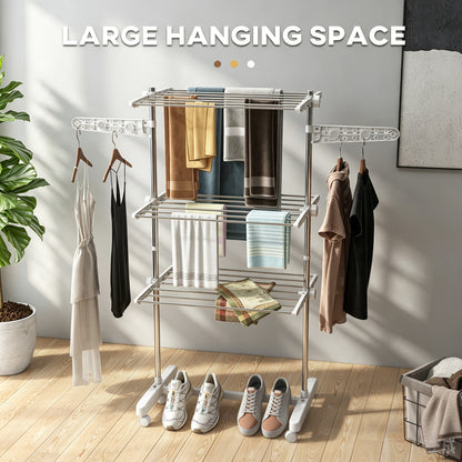 3-Tier Clothes Airer, Stainless Steel Foldable Clothes Drying Rack with Wheels and Wings, Indoor and Outdoor, Easy Assembly