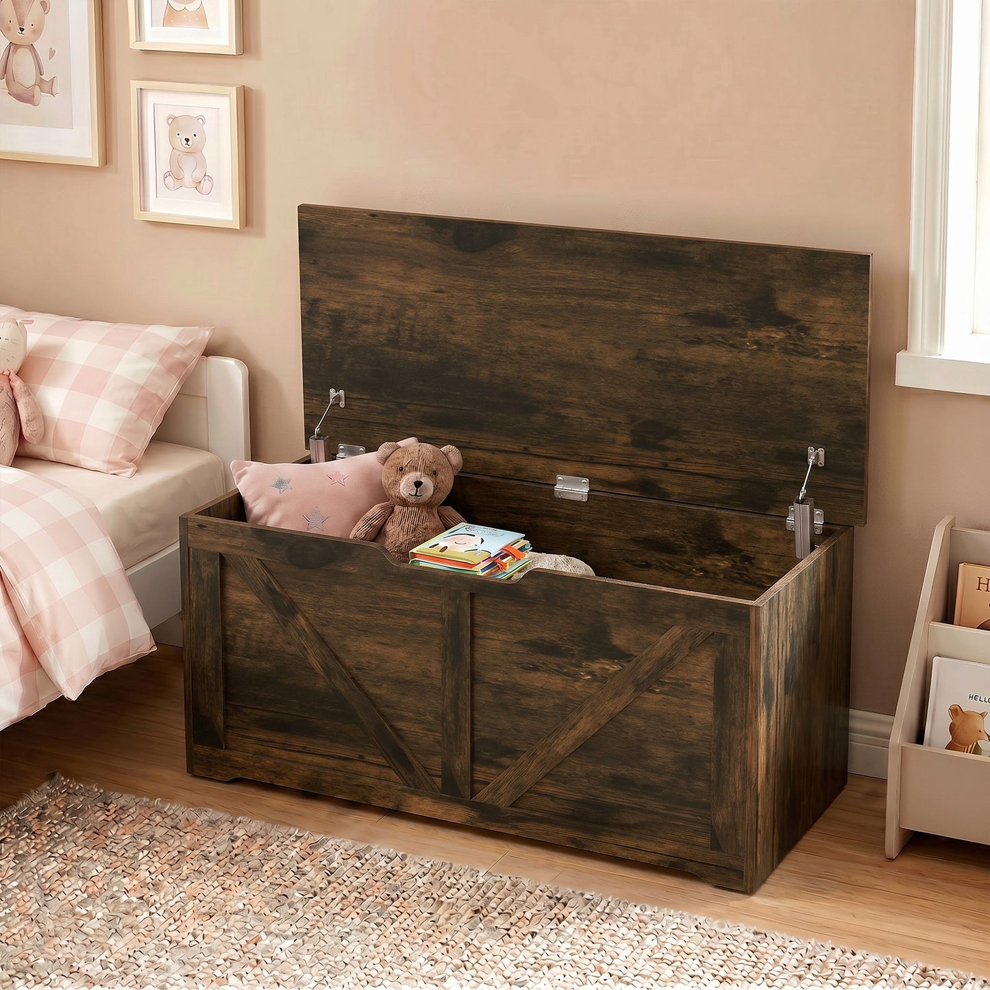 127L Home Storage Box, with Safety Hinges - Rustic Brown Wood-Effect