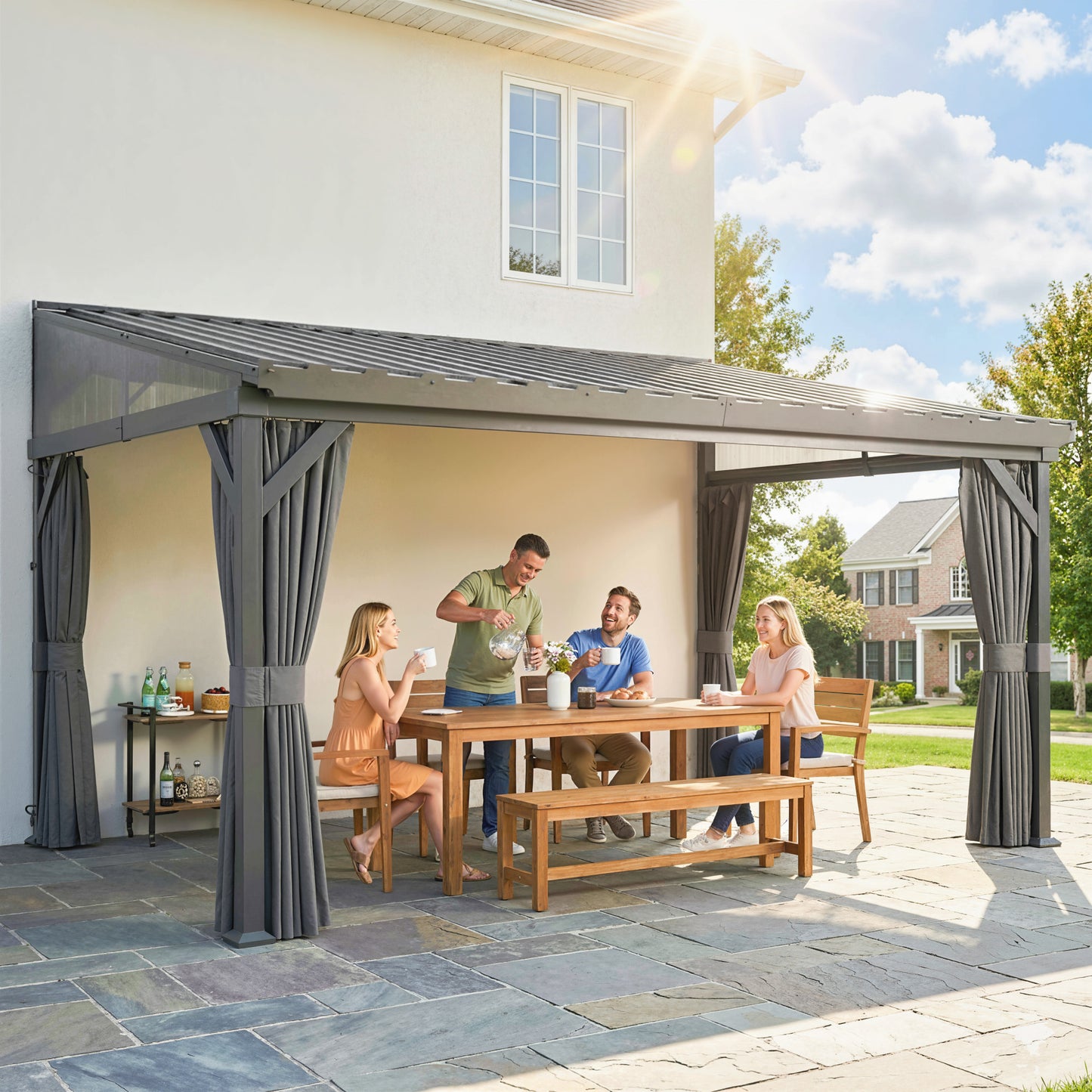 4.3 x 3 m Garden Pergola with Galvanised Steel Roof, Lean to Pergola Gazebo with Netting Curtains, Dark Grey