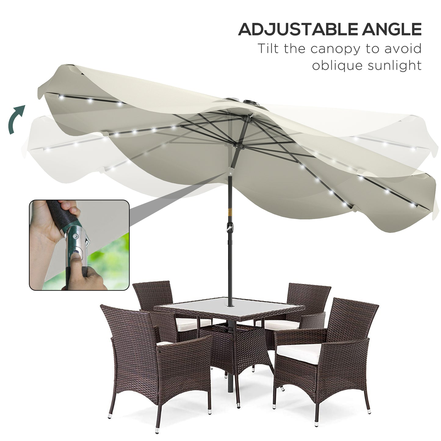 Solar Patio Umbrella with LED and Tilt, Outdoor Market Table Umbrella Parasol with Crank, 3 x 3 (m), Cream White