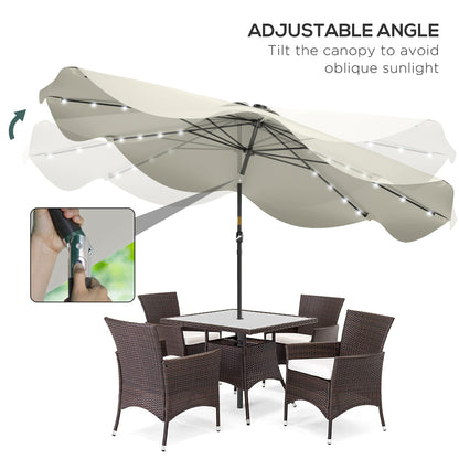 Solar Patio Umbrella with LED and Tilt, Outdoor Market Table Umbrella Parasol with Crank, 3 x 3 (m), Cream White