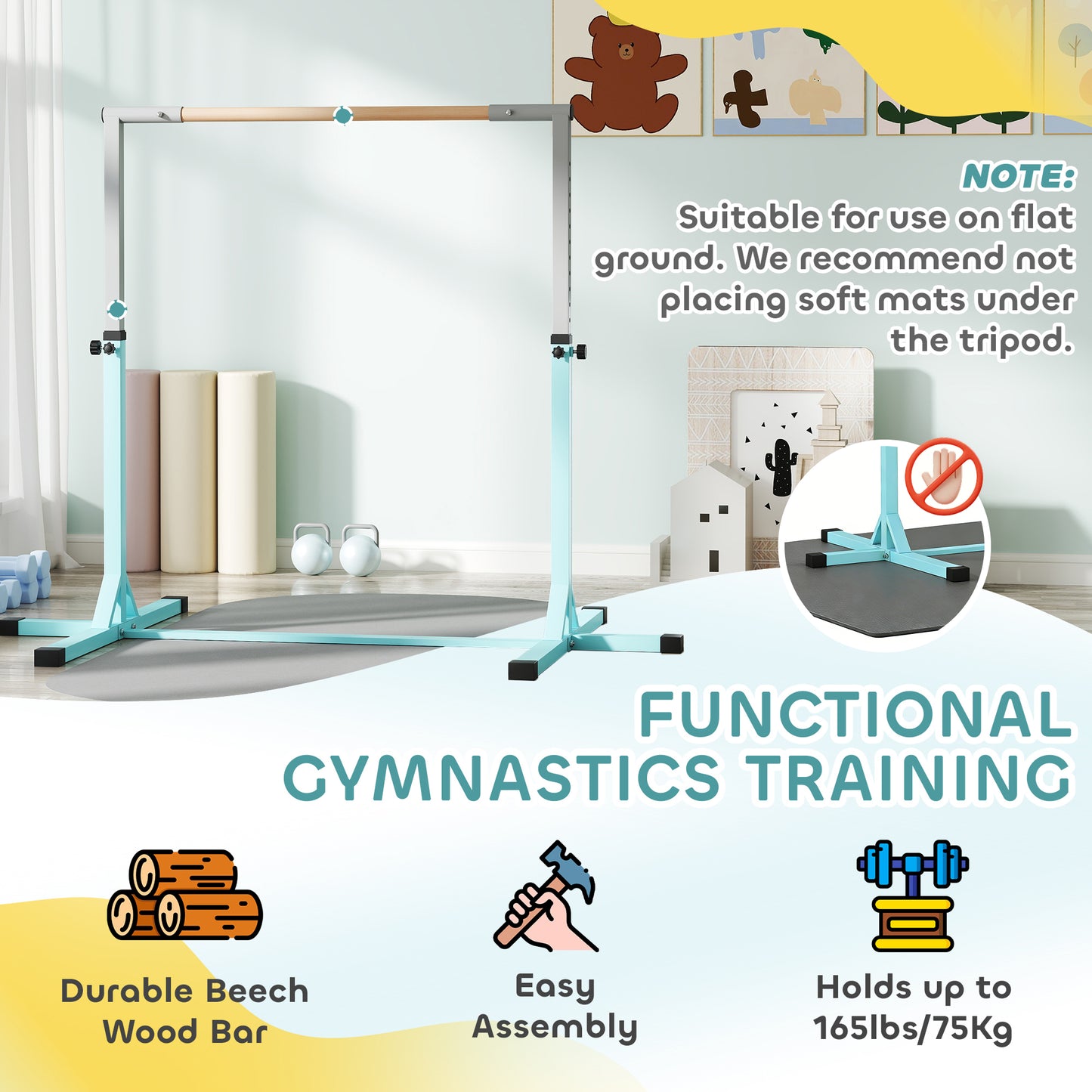 Height Adjustable Gymnastics Horizontal Bar for Kids, Children Junior Kip High Bar Fitness, Light Blue