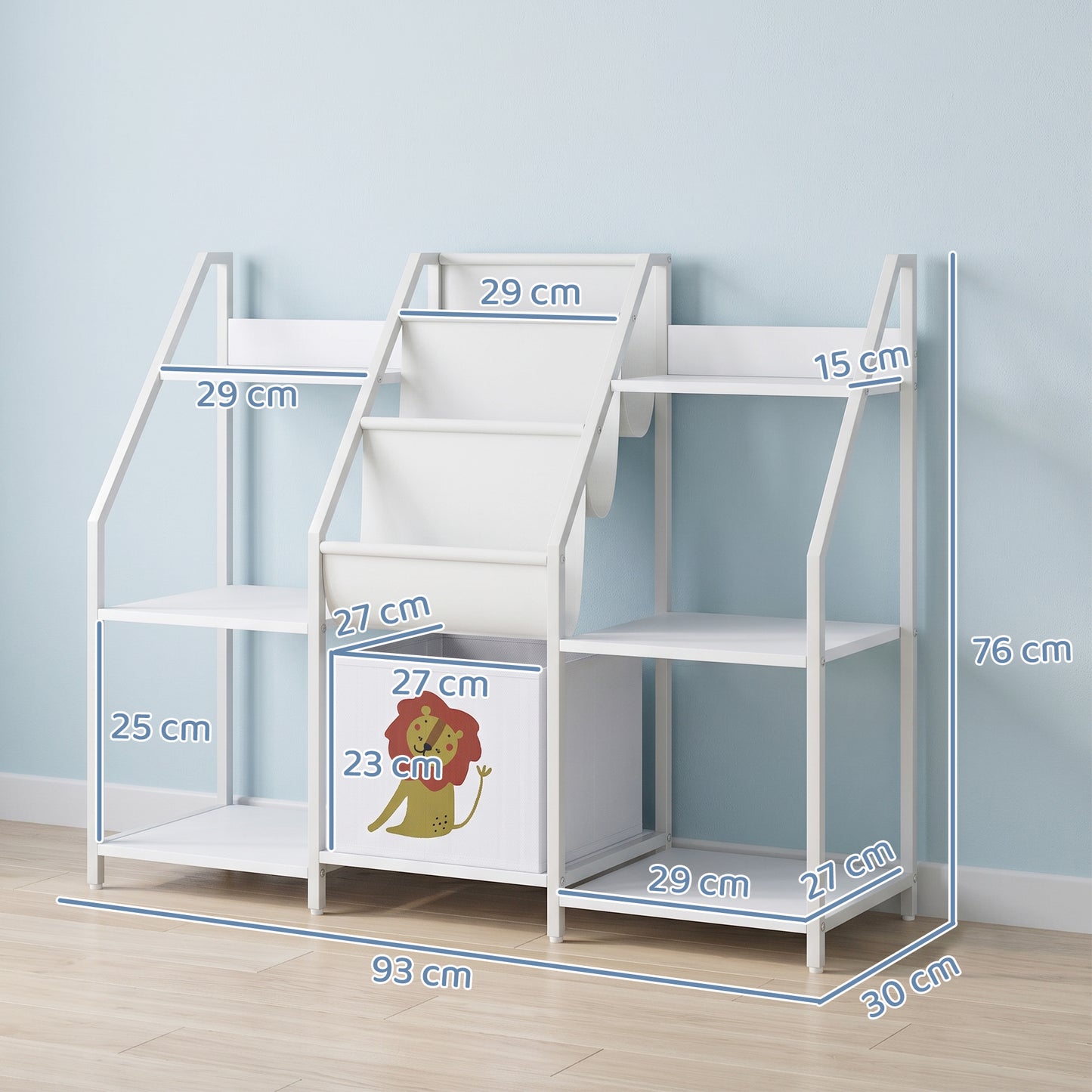 Kids Bookshelf and Toy Storage with 3-Tier Sling Book Rack and Fabric Drawer for Nursery, Bedroom, Playroom, White