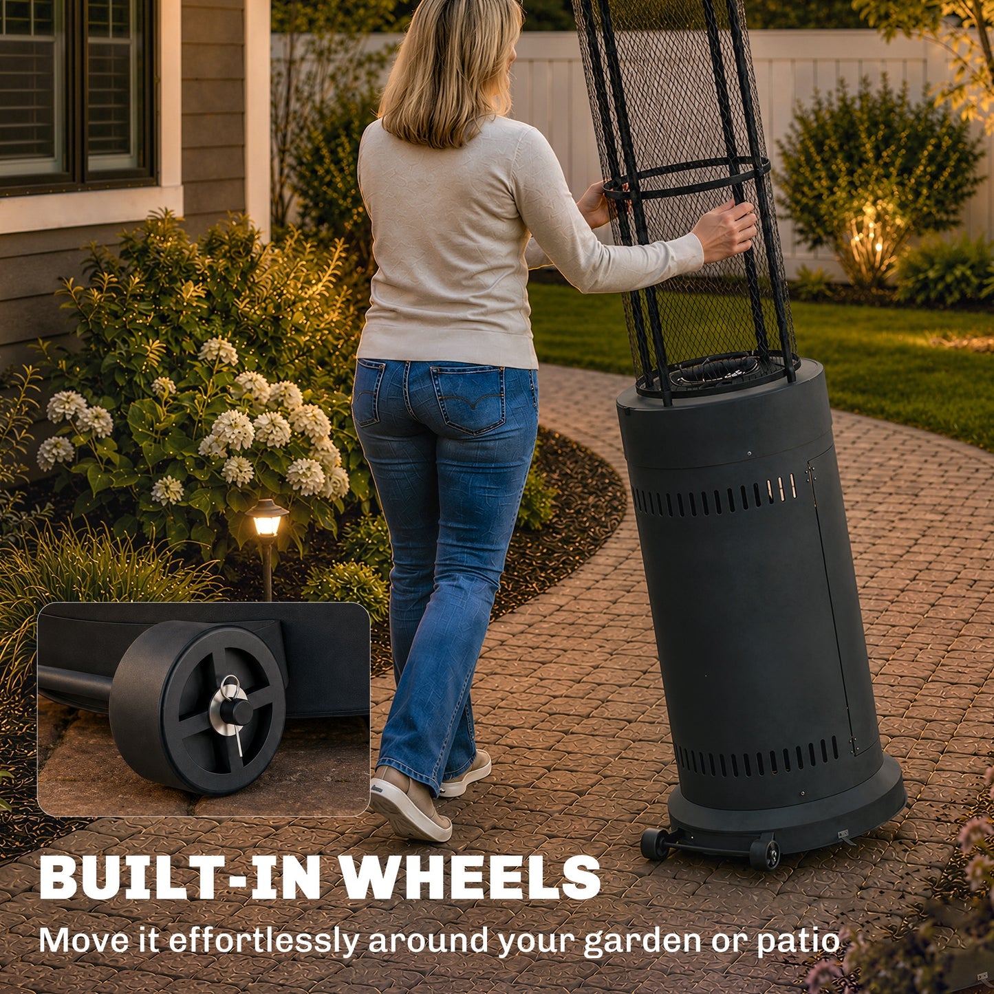 11 KW Freestanding Gas Patio Heater, Adjustable Outdoor Garden Propane Heater with Tip-Over Switch, Wheels, Pulse Ignition