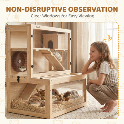 Wooden Hamster Cage with Hut, Wheel, Ramps, Removable Viewing Panels, 80 x 50 x 84 cm, Natural