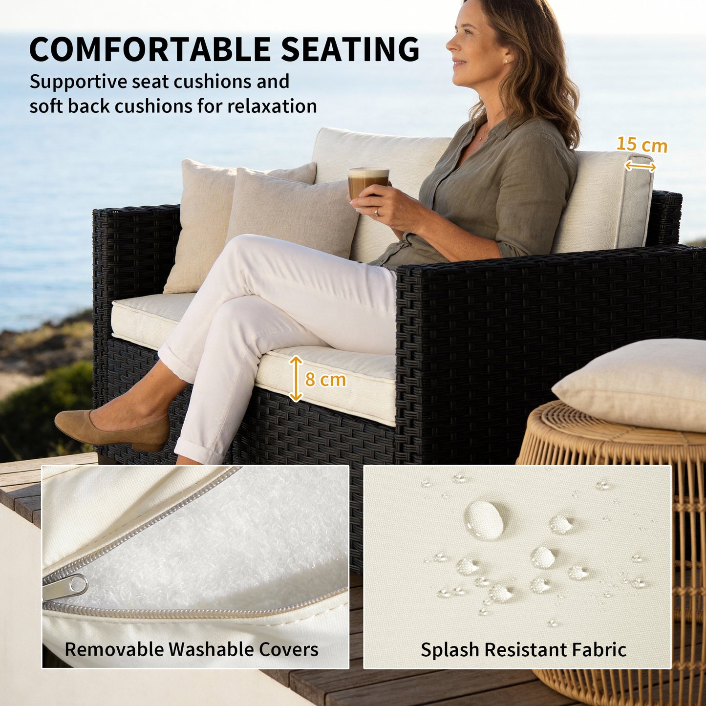 2 Seater Rattan Sofa, Outdoor Garden Sofa with Deep Seat, Cushions, Wide Armrests for Patio, Balcony, Porch, Black