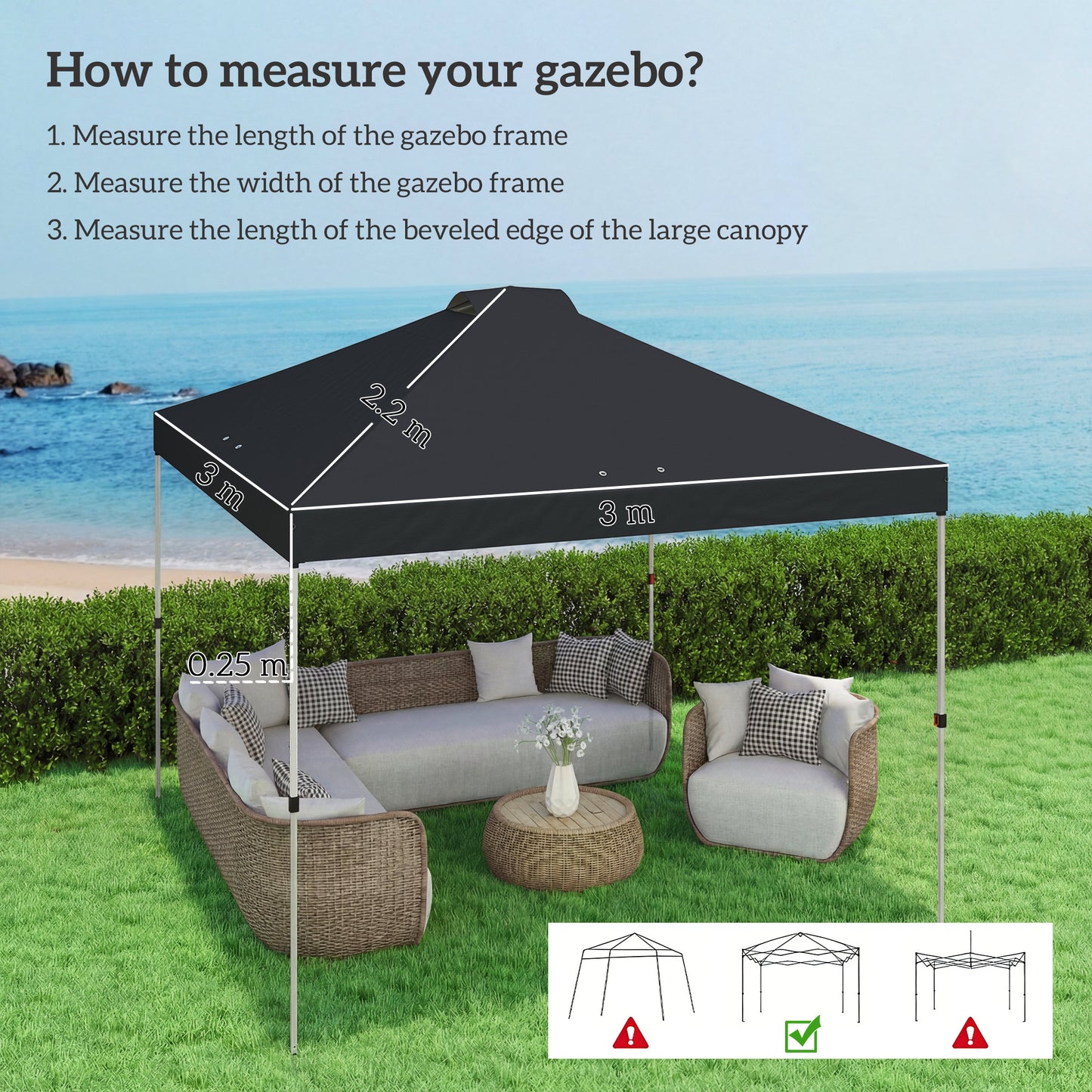 gazebo roof replacement UV50+ Waterproof Pop Up Canopy Cover with 8 Drainage Holes 3 x 3 m Black