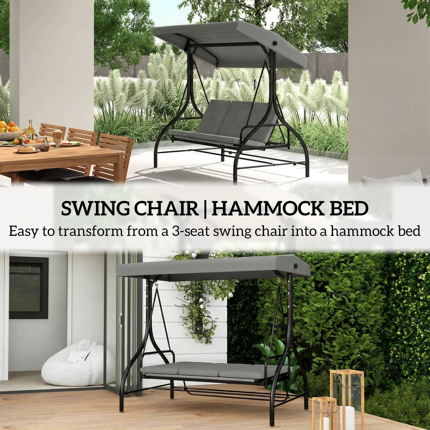 3 Seater Canopy Swing Chair, 2 in 1 Garden Swing Seat Bed, with Adjustable Canopy and Metal Frame, Light Grey