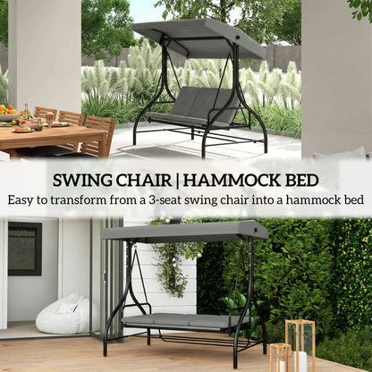 3 Seater Canopy Swing Chair, 2 in 1 Garden Swing Seat Bed, with Adjustable Canopy and Metal Frame, Light Grey