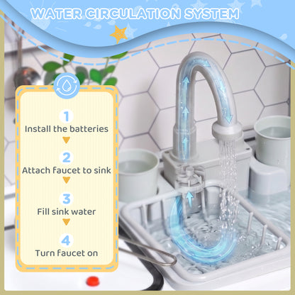Pretend Play Toy Kitchen, Kids Kitchen Playset w/ Sounds, Lights, Running Water, Coffee Maker, Refrigerator