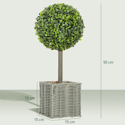 Set of 2 Decorative Artificial Plants, 50cm Faux Boxwood Topiary Balls with Woven Plastic Pot and Pebbles