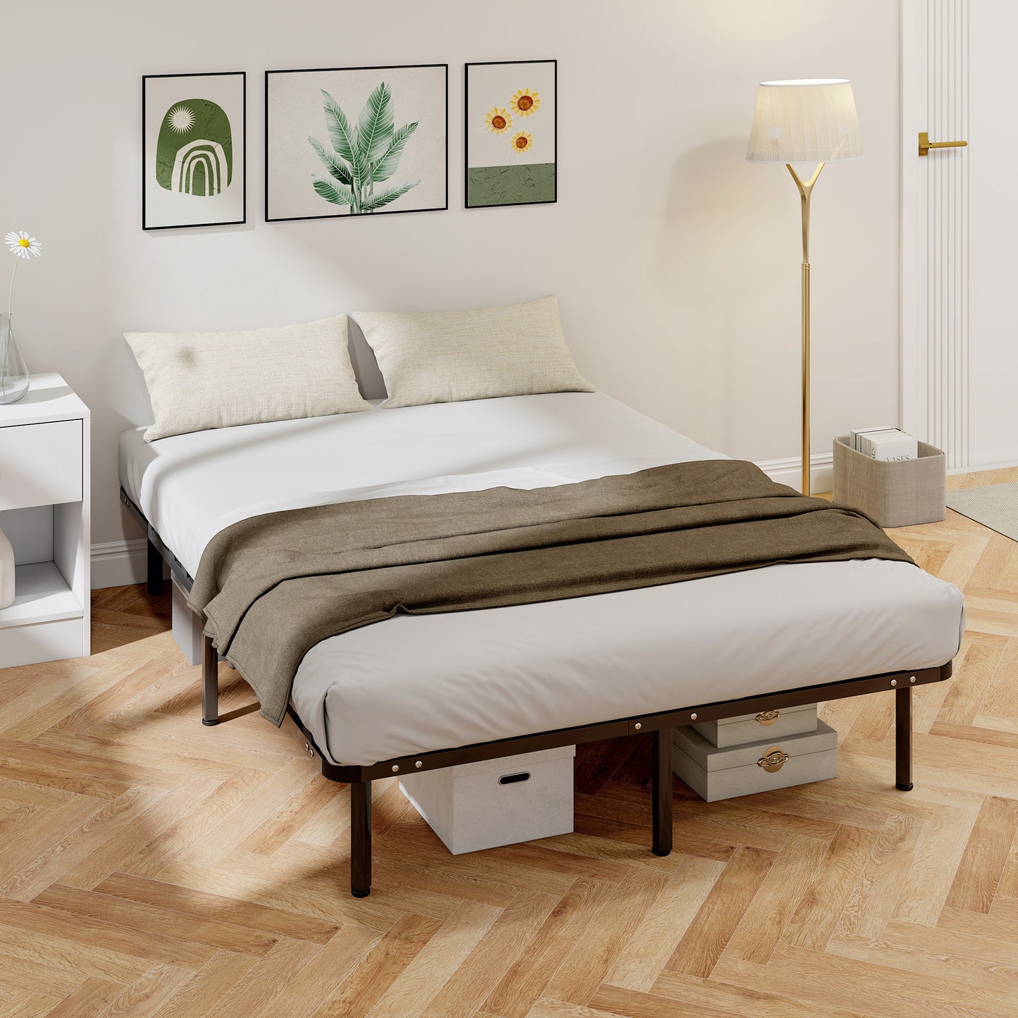 4ft6 Double Bed Frame, Metal Platform Bed Frame with 2 x 14 Wood Slats, No Box Spring Needed, Underbed Storage, Black