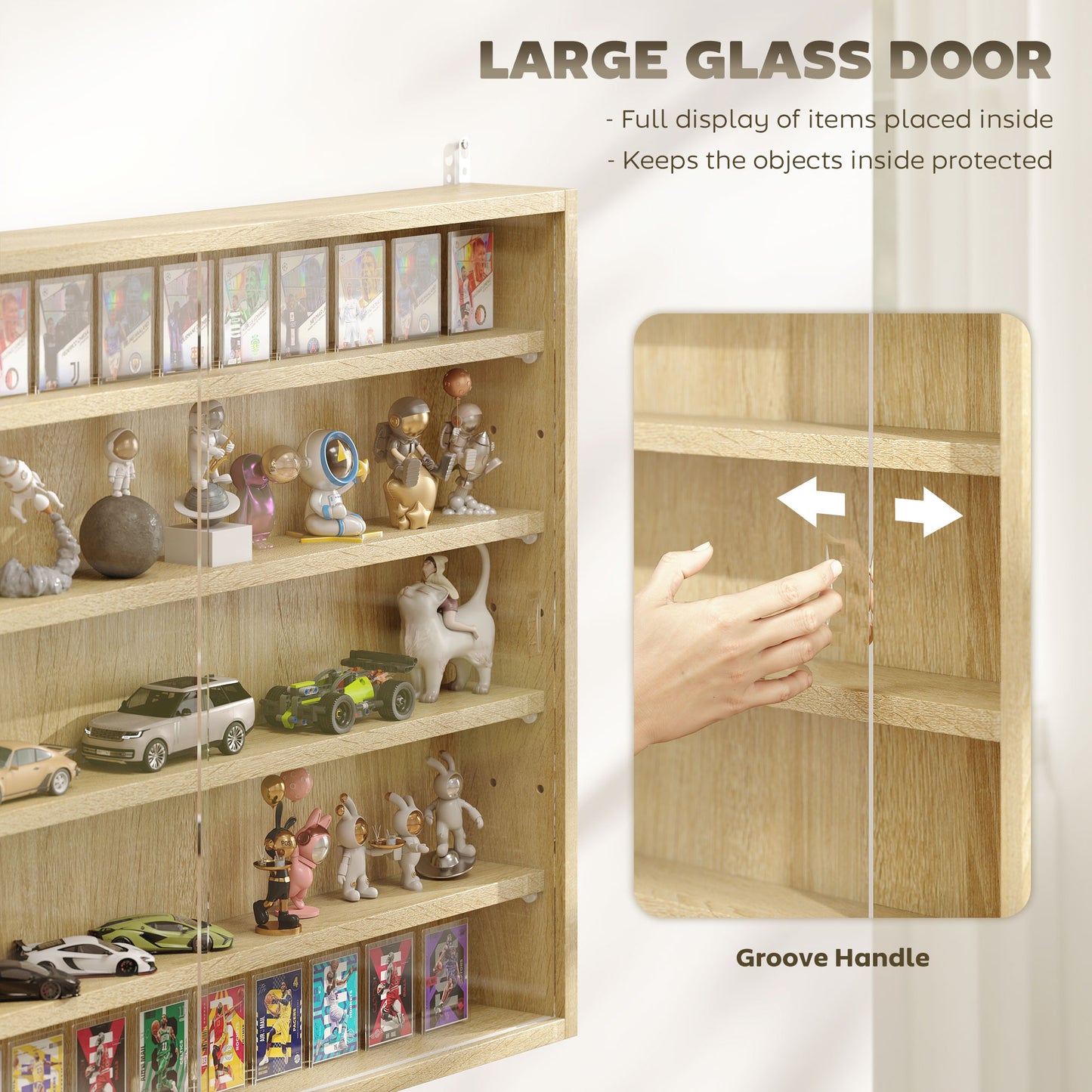 5-Tier Wall Display Shelf Unit Cabinet w/ 4 Adjustable Shelves Glass Doors Home Office Ornaments 60x80cm Oak