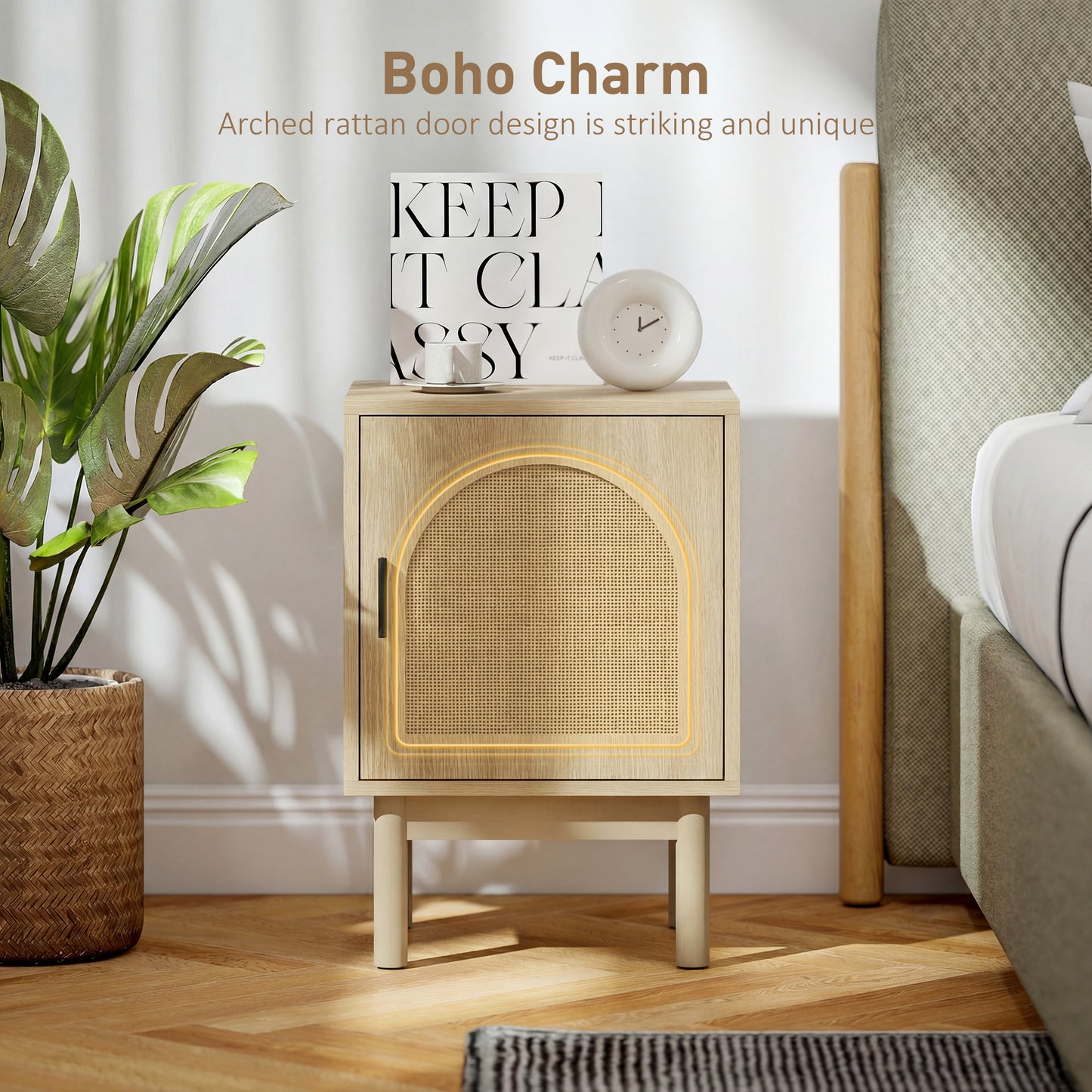 Rattan Bedside Table for Bedroom - Natural Wood