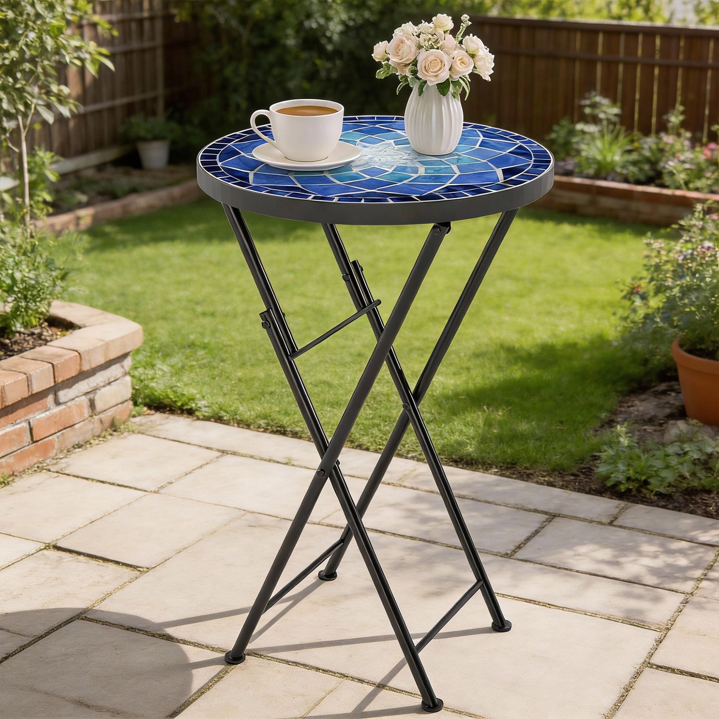 Mosaic Outdoor Garden Table, 35.5cm Round Folding Coffee Table with Metal Frame for Balcony Terrace, Navy Blue