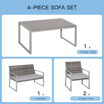 4PC Rattan Garden Furniture Set 2 Single Sofa Arm Chairs 1 Bench with Cushions & Coffee Table Patio Backyard Wicker Weave