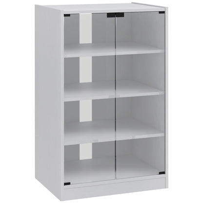 4-Tier Hi-Fi Stand, Record Player Stand with Adjustable Shelves and Push-to-Open Glass Doors, White Wood-Effect