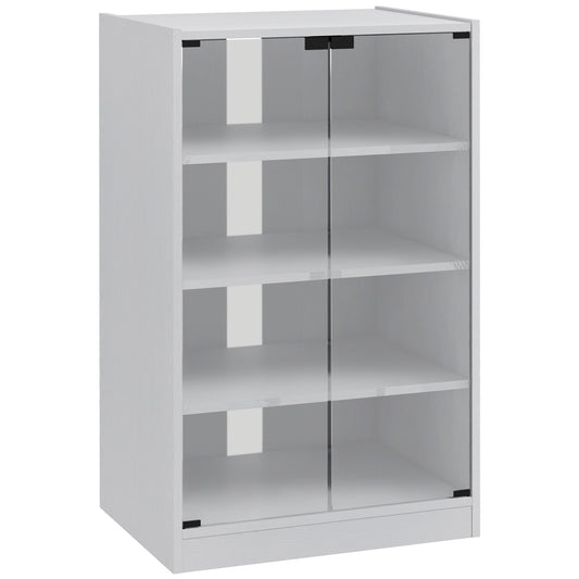 4-Tier Hi-Fi Stand, Record Player Stand with Adjustable Shelves and Push-to-Open Glass Doors, White Wood-Effect
